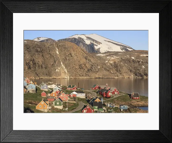 Framed Print : Typical Greenlandic houses in front of mountains and fjord Framed Print : Typical Greenlandic houses in front of mountains and fjord