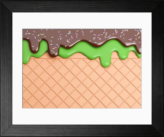 Framed Print : Green tea and Chocolate Ice Cream Melted on Wafer Background.3d model and illustration Framed Print : Green tea and Chocolate Ice Cream Melted on Wafer Background.3d model and illustration