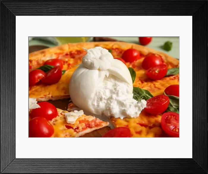 Framed Print : Tasty pizza with Burrata cheese, closeup Framed Print : Tasty pizza with Burrata cheese, closeup