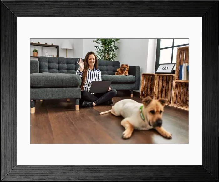 Framed Print : Young hispanic woman having video call sitting on floor with dogs at home Framed Print : Young hispanic woman having video call sitting on floor with dogs at home
