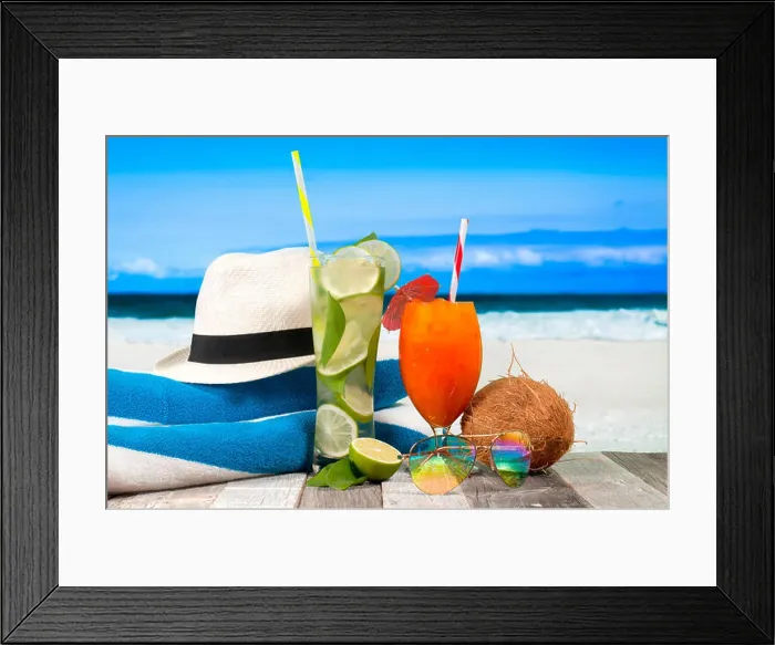 Framed Print : Two glasses of fresh cocktails on the beach. Summer Vacation on the seashore Framed Print : Two glasses of fresh cocktails on the beach. Summer Vacation on the seashore