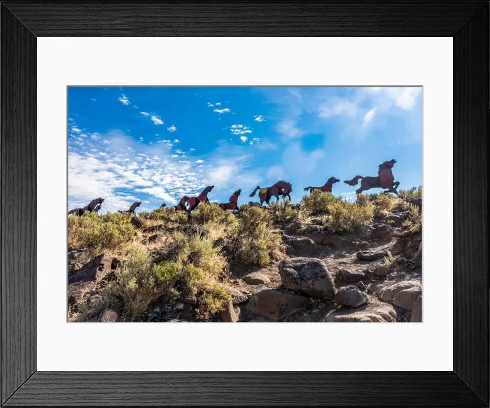 Framed Print : Metal art depicting wild horses running across a ridge atop the Wild Horse Monument near the town of Vantage in Eastern Framed Print : Metal art depicting wild horses running across a ridge atop the Wild Horse Monument near the town of Vantage in Eastern