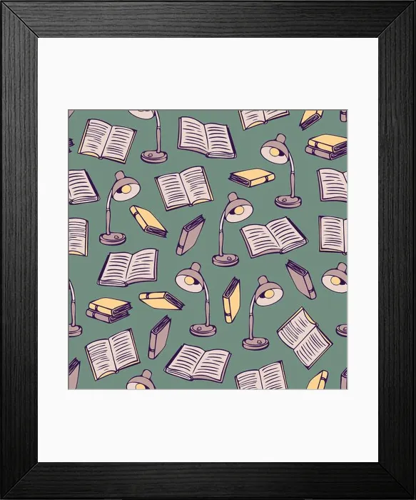 Framed Print : Vector seamless pattern with books and lamps. Hand drawn design Framed Print : Vector seamless pattern with books and lamps. Hand drawn design