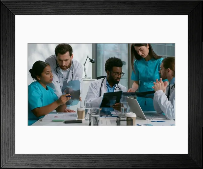 Framed Print : Multiethnic doctors medical diagnostic team meeting heath research xray analyzing African men Indian Caucasian women Framed Print : Multiethnic doctors medical diagnostic team meeting heath research xray analyzing African men Indian Caucasian women