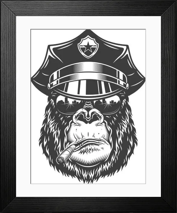 Framed Print : Gorilla head in monochrome style in policeman hat. Vector illustration Framed Print : Gorilla head in monochrome style in policeman hat. Vector illustration