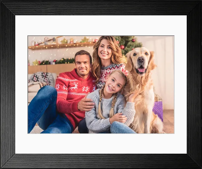 Framed Print : smiling family with golden retriever dog sitting near christmas tree with gifts Framed Print : smiling family with golden retriever dog sitting near christmas tree with gifts