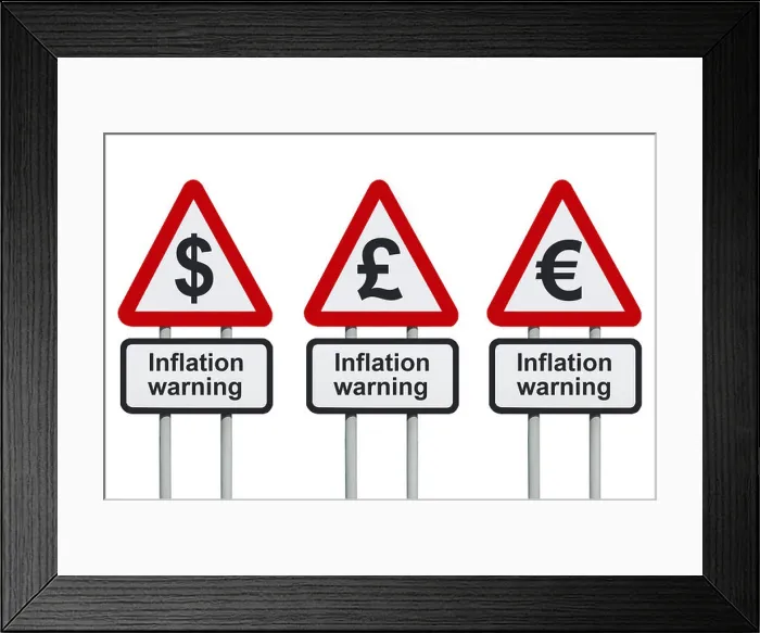 Framed Print : Inflation warning road sign with, dollar, Euro and pound symbols Framed Print : Inflation warning road sign with, dollar, Euro and pound symbols