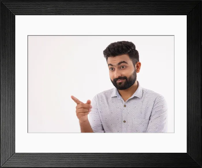 Framed Print : A SURPRISED BEARDED MAN POINTING HIS FINGER AWAY Framed Print : A SURPRISED BEARDED MAN POINTING HIS FINGER AWAY