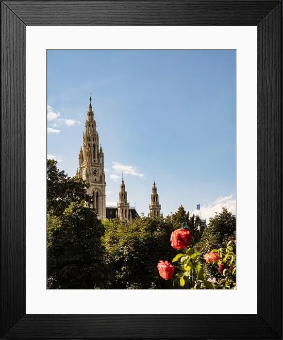 Framed Print : View of Vienna's Rathaus building (city hall) from the Volksgarden park on a summer sunny day Framed Print : View of Vienna's Rathaus building (city hall) from the Volksgarden park on a summer sunny day