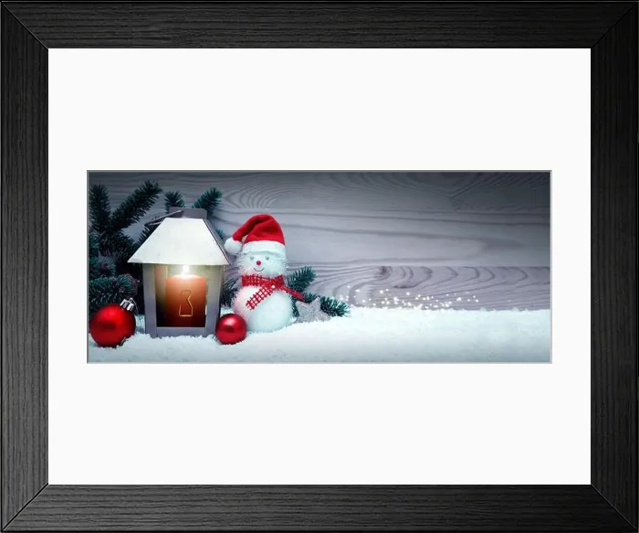 Framed Print : Third Advent. Christmas lantern and snowman with santa claus hat on white snow Framed Print : Third Advent. Christmas lantern and snowman with santa claus hat on white snow