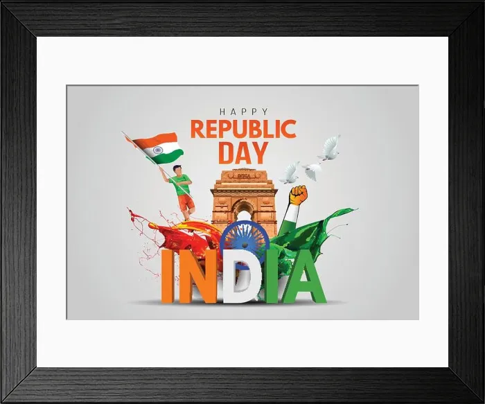 Framed Print : Indian republic Day celebrations with 26th January india 3d text and Ashoka Wheel