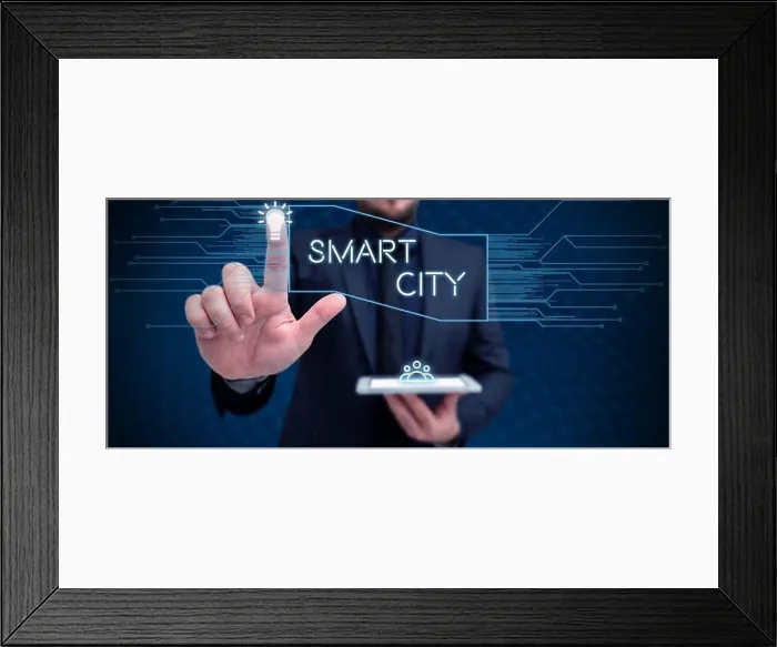 Framed Print : Conceptual display Smart City, Conceptual photo urban area that uses different electronic Internet of things Framed Print : Conceptual display Smart City, Conceptual photo urban area that uses different electronic Internet of things