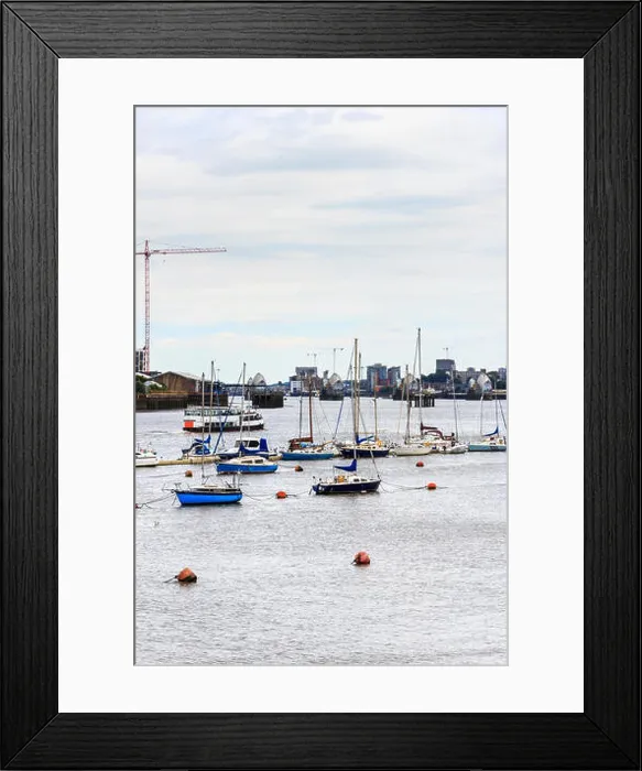 Framed Print : Boats on the he River Thames, looking downriver towards the Thames Barrier, North Greenwich, London, UK Framed Print : Boats on the he River Thames, looking downriver towards the Thames Barrier, North Greenwich, London, UK