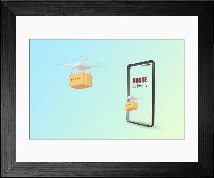 Framed Print : Drone delivery concept poster or banner with Drone transporting parcels in the air from online shopping with smartphone Framed Print : Drone delivery concept poster or banner with Drone transporting parcels in the air from online shopping with smartphone