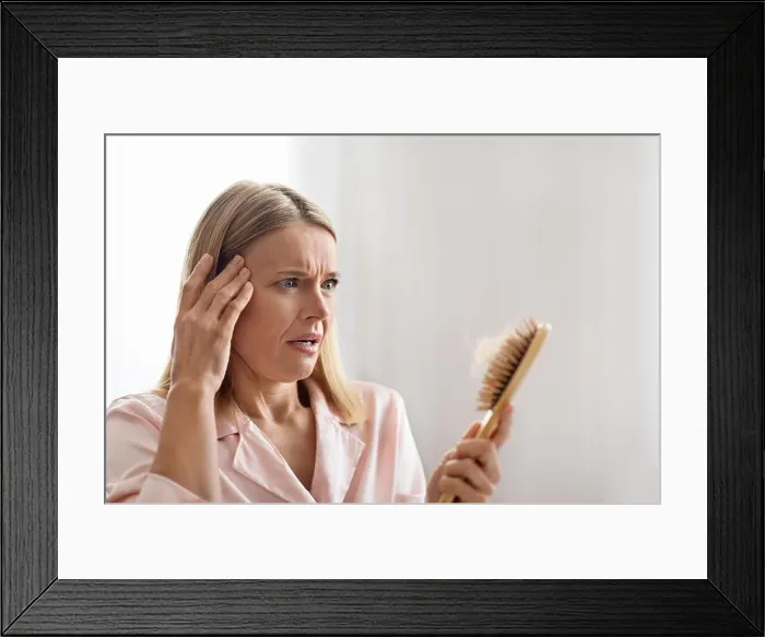 Framed Print : Shocked Mature Woman Looking At Brush Full Of Fallen Hair Framed Print : Shocked Mature Woman Looking At Brush Full Of Fallen Hair