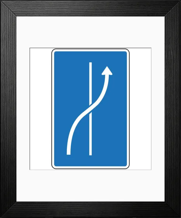 Framed Print : Blue and white road sign indicating an added lane merging with the current lane and continuing straight ahead Framed Print : Blue and white road sign indicating an added lane merging with the current lane and continuing straight ahead