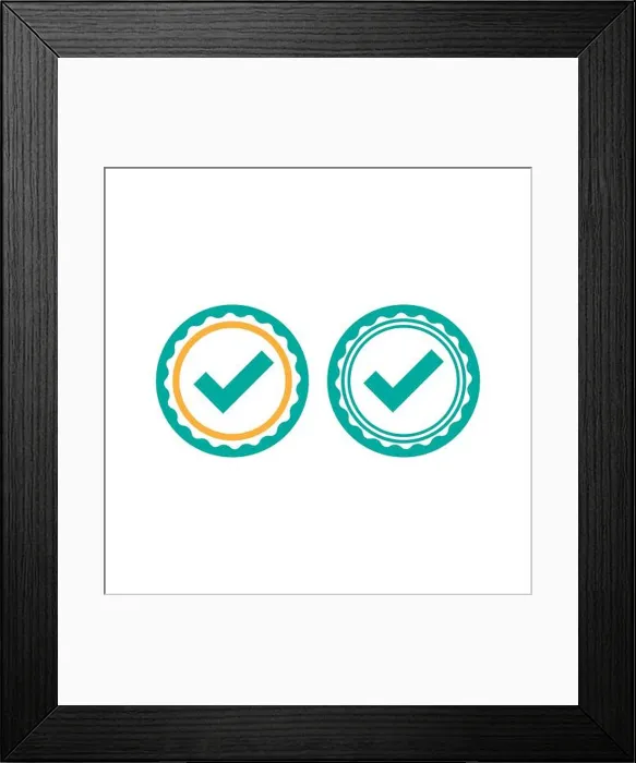 Framed Print : Valid Seal icons set. Blue circle with ribbon outline and squared tick Framed Print : Valid Seal icons set. Blue circle with ribbon outline and squared tick