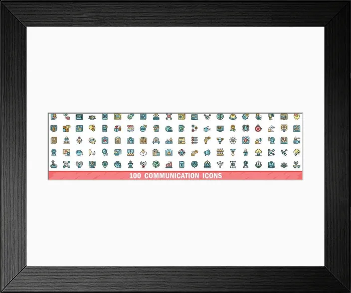 Framed Print : 100 communication icons set. Color line set of communication vector icons thin line color flat on white Framed Print : 100 communication icons set. Color line set of communication vector icons thin line color flat on white