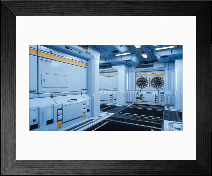 Framed Print : Interior corridor of a futuristic cyberpunk industrial building. 3D rendering Framed Print : Interior corridor of a futuristic cyberpunk industrial building. 3D rendering