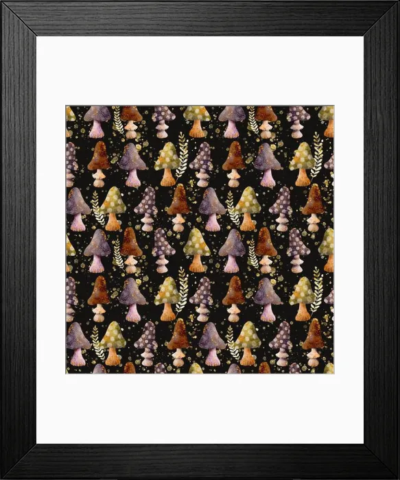 Framed Print : A vibrant and intricate pattern showcasing whimsical trees and playful mushrooms set against a dark background Framed Print : A vibrant and intricate pattern showcasing whimsical trees and playful mushrooms set against a dark background