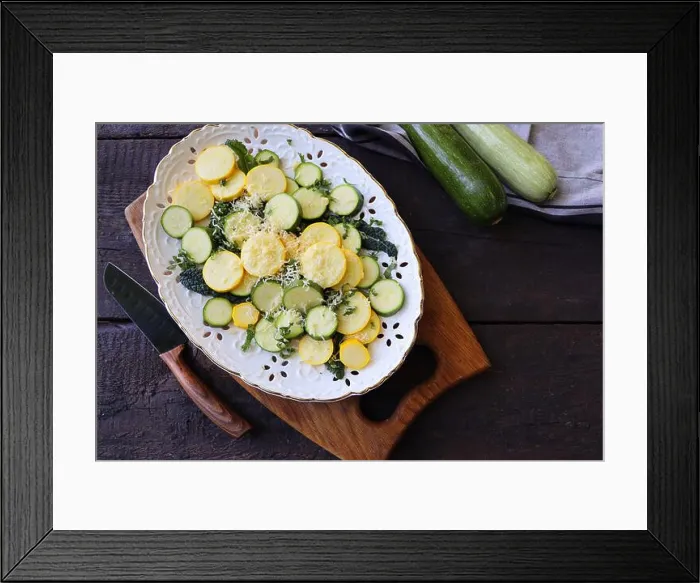 Framed Print : Delicious fresh salad with zucchini, kale and parmesan cheese with spices and olive oil. Selective focus, top view Framed Print : Delicious fresh salad with zucchini, kale and parmesan cheese with spices and olive oil. Selective focus, top view