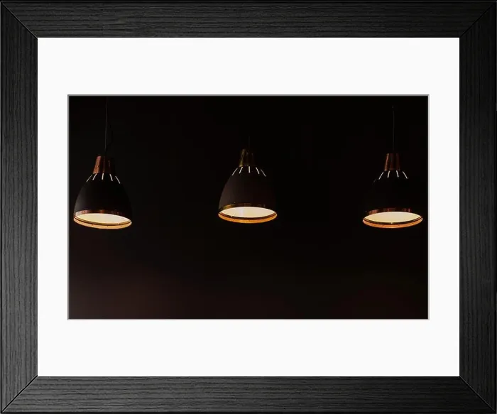Framed Print : modern pendant lights in loft style. three hanging lamps Framed Print : modern pendant lights in loft style. three hanging lamps
