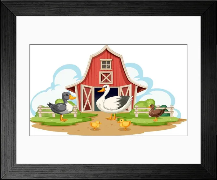 Framed Print : Ducks and ducklings by a red barn on a farm Framed Print : Ducks and ducklings by a red barn on a farm