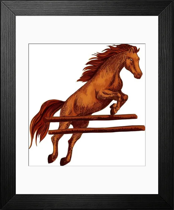 Framed Print : Brown arabian mustang jumping over barrier and running on horseraces Framed Print : Brown arabian mustang jumping over barrier and running on horseraces