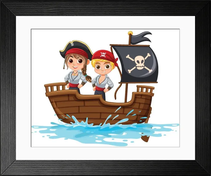 Framed Print : Two kids dressed as pirates on a ship Framed Print : Two kids dressed as pirates on a ship