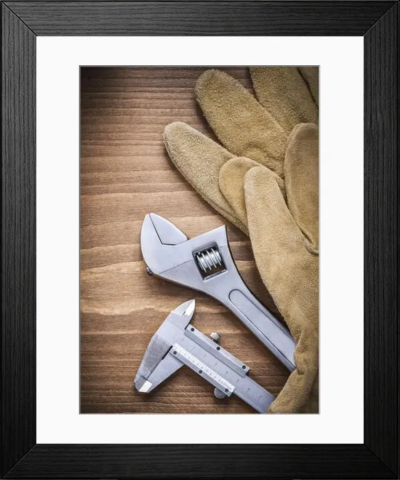 Framed Print : Adjustable wrench leather safety gloves slide caliper construction concept Framed Print : Adjustable wrench leather safety gloves slide caliper construction concept