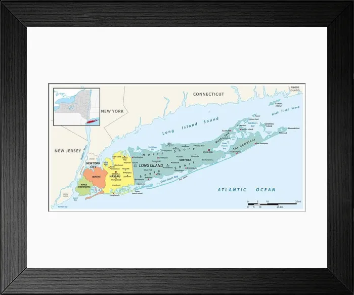 Framed Print : Detailed map of Long Island, New York, United States