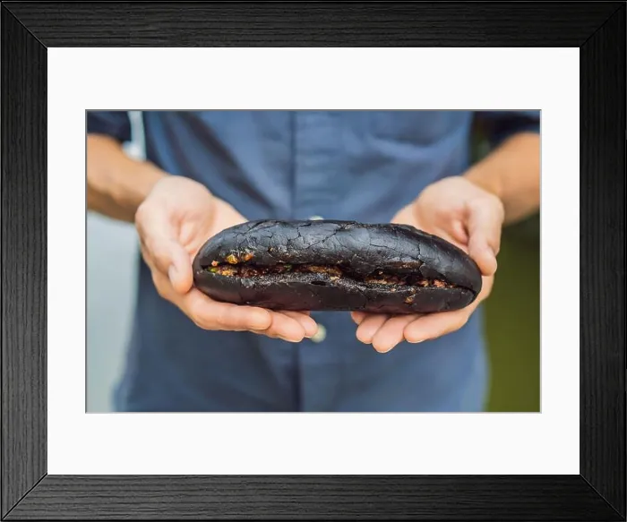 Framed Print : Vietnamese Pork Banh Mi Sandwich in a black baguette Framed Print : Vietnamese Pork Banh Mi Sandwich in a black baguette