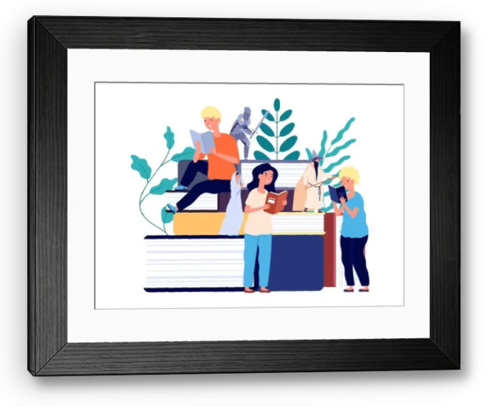 Framed Print : Kids reading fairy tales. Children books and fairy-tale heroes wizard Framed Print : Kids reading fairy tales. Children books and fairy-tale heroes wizard