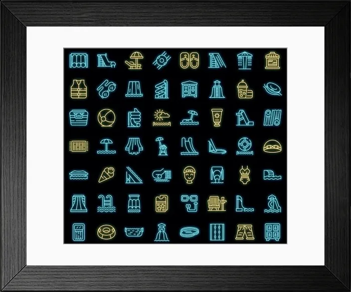 Framed Print : Water park icons set. Outline set of water park vector icons neon color on black Framed Print : Water park icons set. Outline set of water park vector icons neon color on black