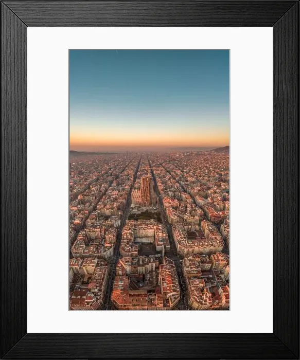 Framed Print : Aerial drone shot of Barcelona city before sunrise golden hour Framed Print : Aerial drone shot of Barcelona city before sunrise golden hour