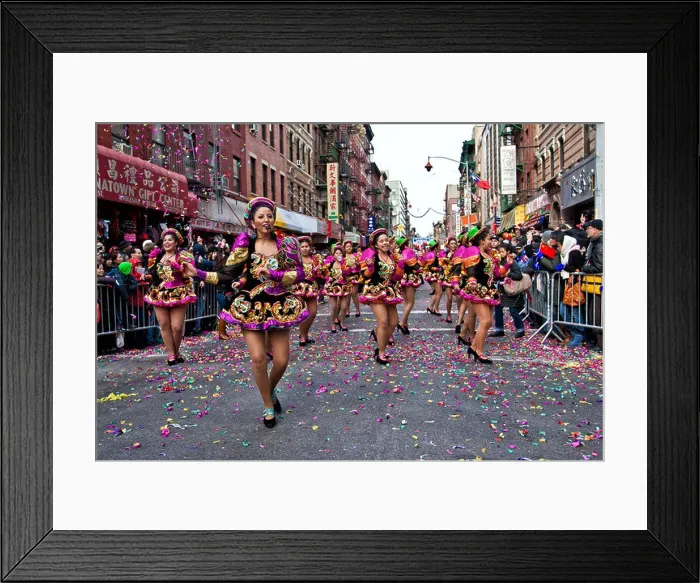 Framed Print : Hispanic dance troupe performs in the 2012 Chinese Lunar New Year Parade in New York City's Chinatown Framed Print : Hispanic dance troupe performs in the 2012 Chinese Lunar New Year Parade in New York City's Chinatown