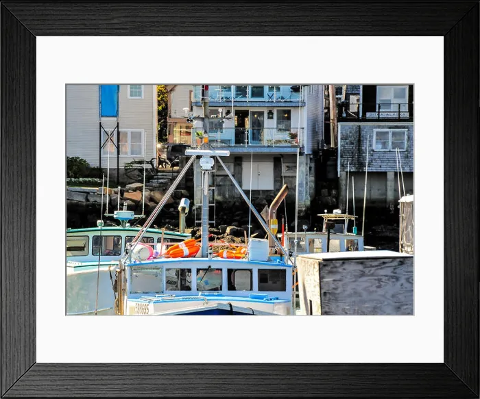 Framed Print : Compressed view of a few old, traditional lobster boats against work buildings on a bright summer day Framed Print : Compressed view of a few old, traditional lobster boats against work buildings on a bright summer day