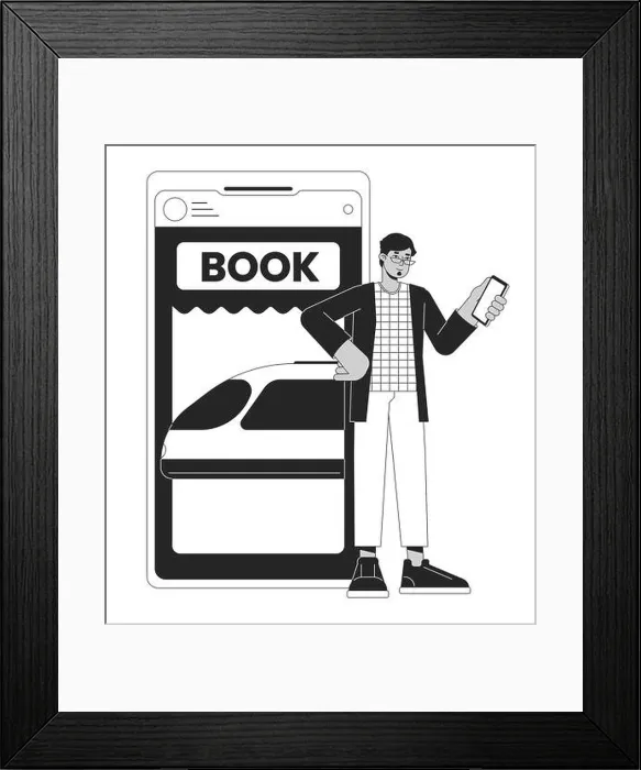 Framed Print : Tourist buying tickets on train bw concept vector spot illustration Framed Print : Tourist buying tickets on train bw concept vector spot illustration