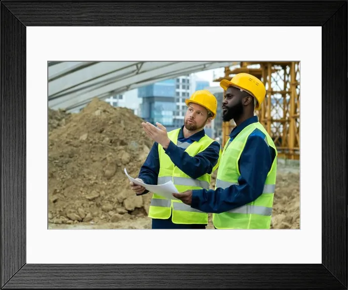 Framed Print : Two young intercultural builders in uniform discussing sketch and new construction Framed Print : Two young intercultural builders in uniform discussing sketch and new construction