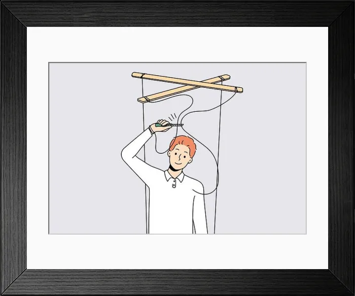 Framed Print : Smiling man with scissors cut ropes free himself from manipulation Framed Print : Smiling man with scissors cut ropes free himself from manipulation