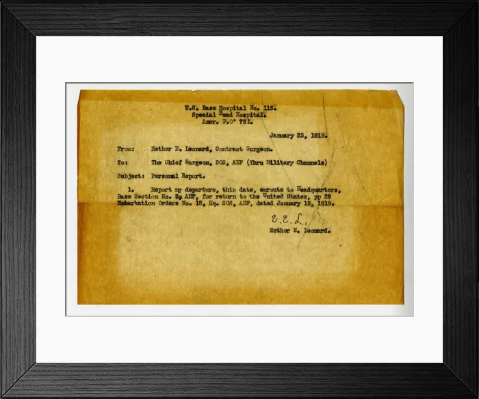 Framed Print : Dr. Esther E. Leonard sent this letter to the chief surgeon of the Sanitary Corps as a monthly personal report Framed Print : Dr. Esther E. Leonard sent this letter to the chief surgeon of the Sanitary Corps as a monthly personal report
