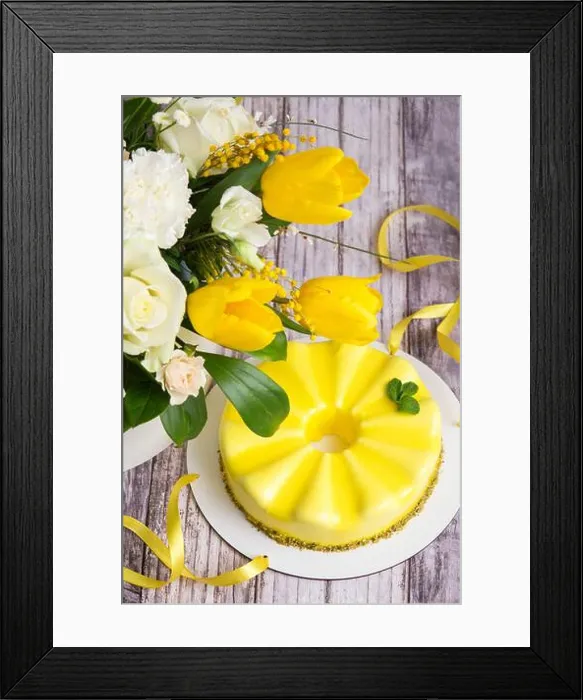 Framed Print : Gift set - yellow mousse cake and a large Spring medley bouquet of beautiful flowers. Valentine's Da Framed Print : Gift set - yellow mousse cake and a large Spring medley bouquet of beautiful flowers. Valentine's Da