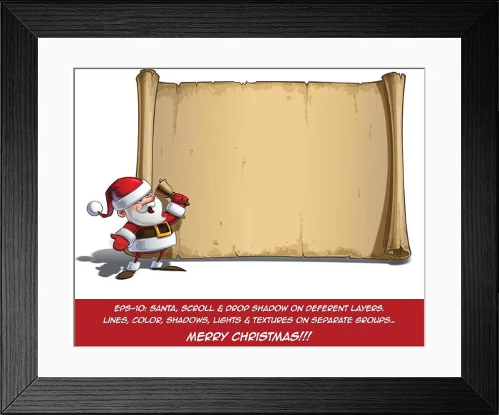 Framed Print : Vector Cartoon illustration of a happy smiling Santa Claus sounding the Christmas bell in front of a blank aged scroll Framed Print : Vector Cartoon illustration of a happy smiling Santa Claus sounding the Christmas bell in front of a blank aged scroll