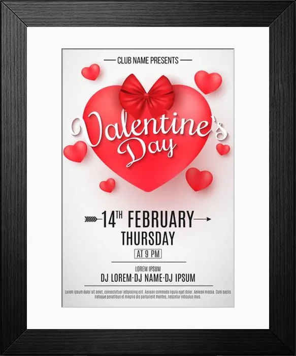 Framed Print : Valentine's Day party flyer. 3D heart with bow on a light background Framed Print : Valentine's Day party flyer. 3D heart with bow on a light background