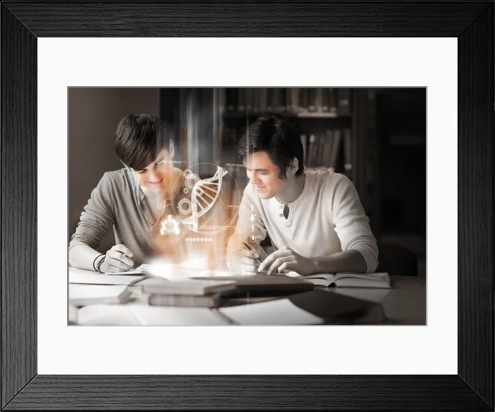 Framed Print : Students using futuristic interface to learn about science from digital tablet