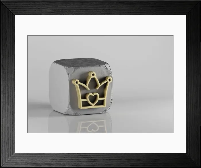 Framed Print : Beautiful Golden crown with heart symbol on a beton cube and white ceramic background
