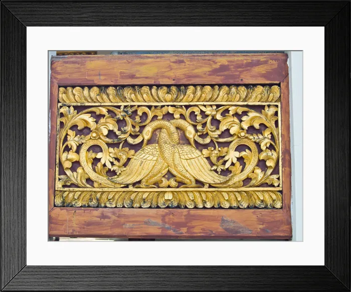 Framed Print : golden wooden carving of peacocks, Wat Phrathat chomkitti temple in Chiang rai, Thailand Framed Print : golden wooden carving of peacocks, Wat Phrathat chomkitti temple in Chiang rai, Thailand