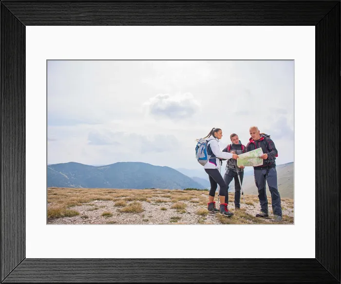 Framed Print : adventure, travel, tourism, hike and people concept - group of smiling friends with backpacks and map outdoors
