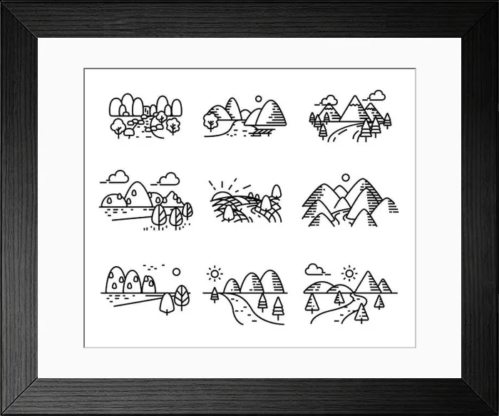 Framed Print : Landscape view vector. Land mountains icon set. Single line stroke illustration Framed Print : Landscape view vector. Land mountains icon set. Single line stroke illustration