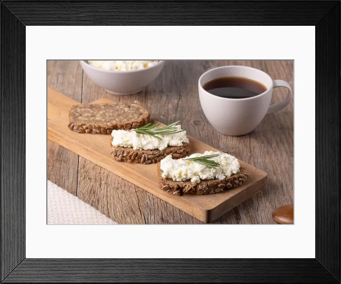 Framed Print : Homemade rye bread with cottage cheese in a plate and coffee Framed Print : Homemade rye bread with cottage cheese in a plate and coffee